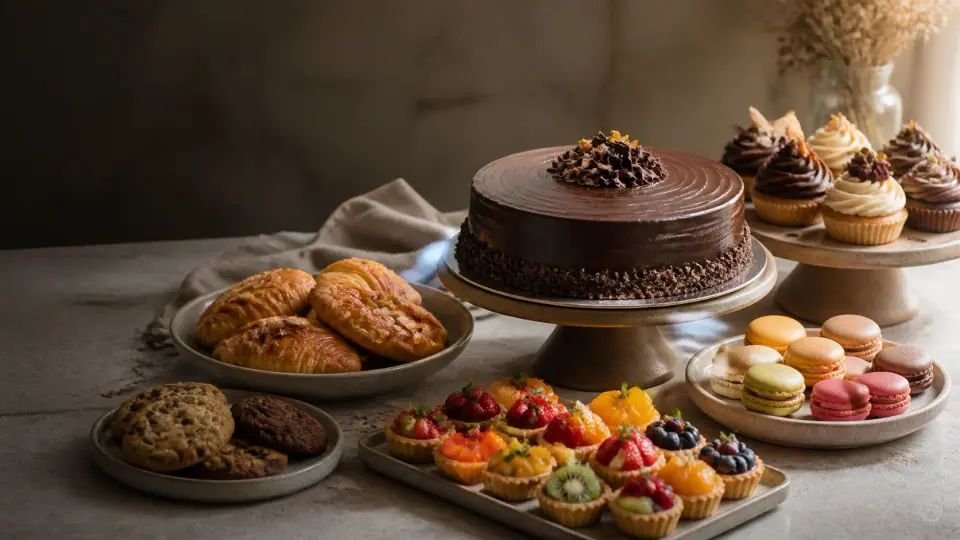 An illustrated spread of cakes, pastries and colourful macarons