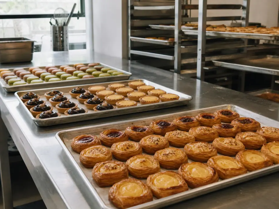 Trays of fresh pastries, tarts and macarons prepared in a commercial bakery